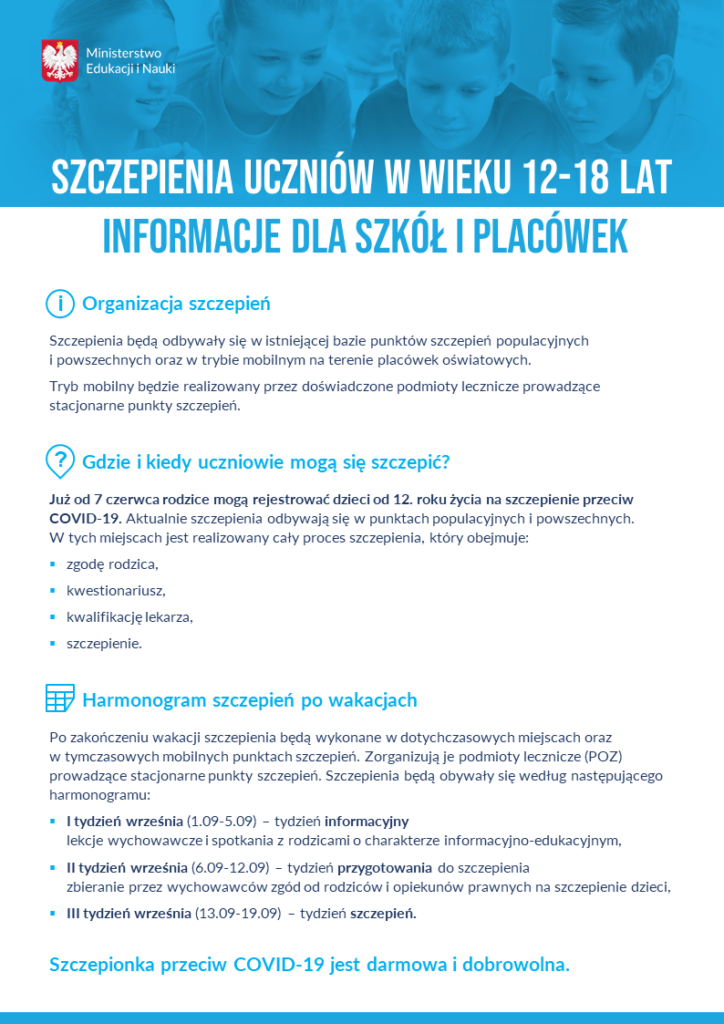 Szczepienie uczniów w wieku 12 - 18 lat rekomendacje dla rodziców Szczepienie uczniów w wieku 12 - 18 lat informacje dla szkół i placówek