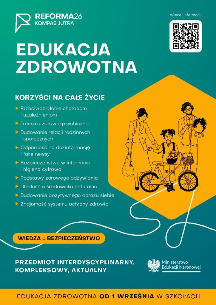 Plakat na temat edukacji zdrowotnej. Wyszczególnione są tematy, które będą realizowane na zajęciach.
